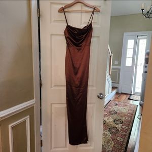 Windsor Lola High Slit Brown Satin Dress -  Small, Prom